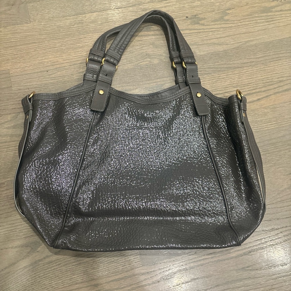 Marc By Marc Jacobs Turnlock Shine Fran XL Tote Bag Patent Gray Leather Brown - Picture 8 of 12